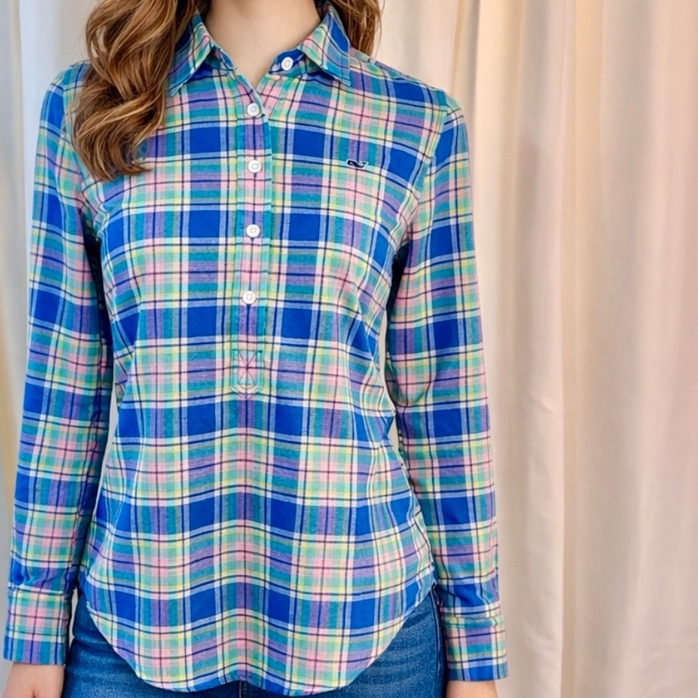 Vineyard Vines ‘Popover Flannel Half-Button Top’ in “Little River Plaid” Size 2